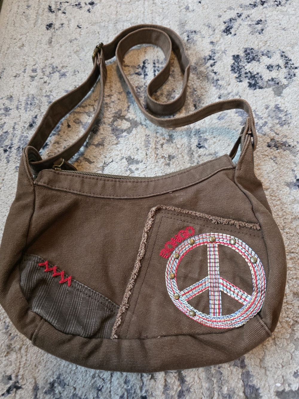 Y2K BONGO Brown Canvas Crossbody Bag with Peace Patch